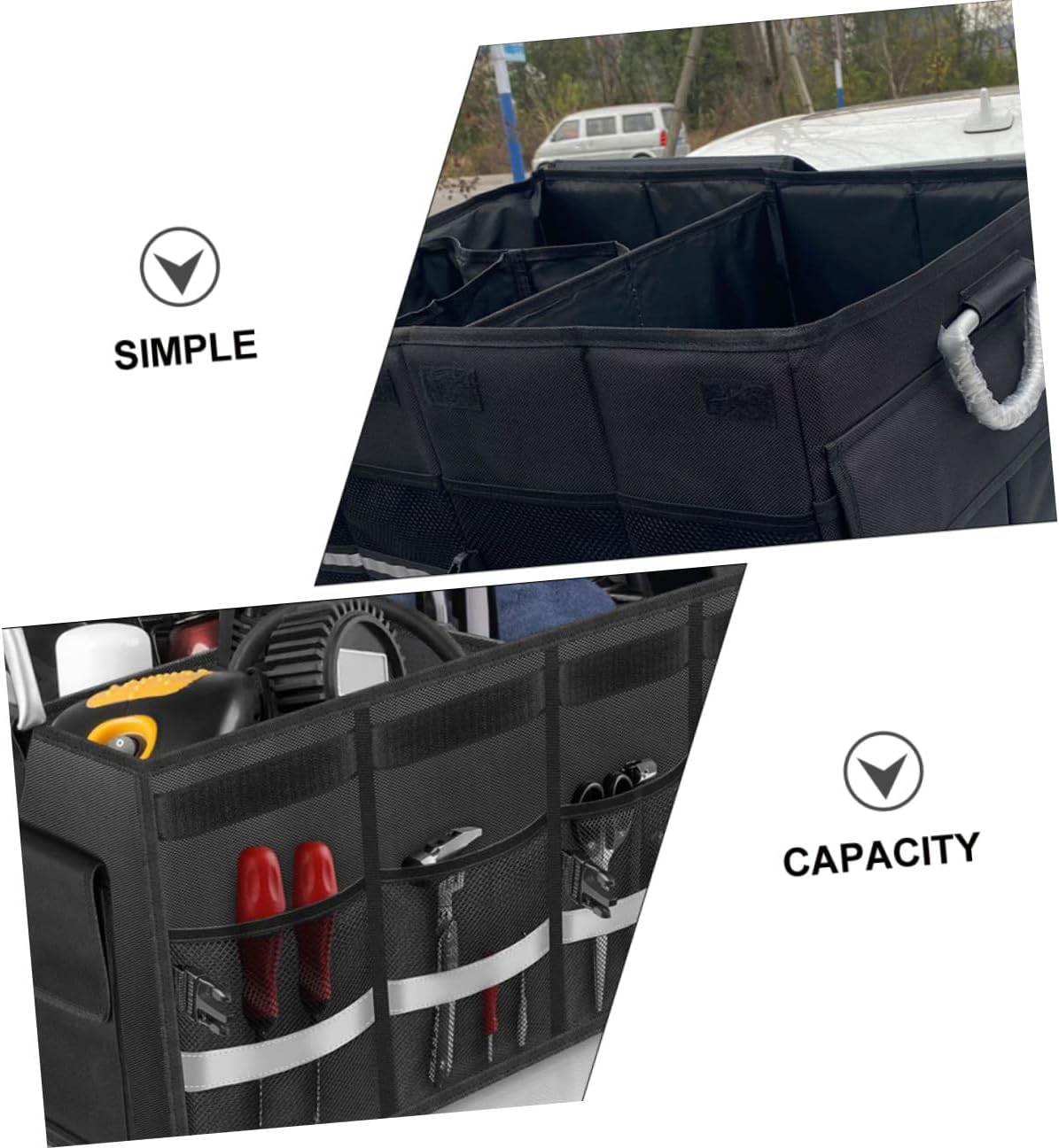 Car Trunk Organizer Folding Storage Box with Lid, Collapsible Black Cargo Organizer for Suv and Sedan, Multi-compartment Car Storage Case for Vehicle Supplies