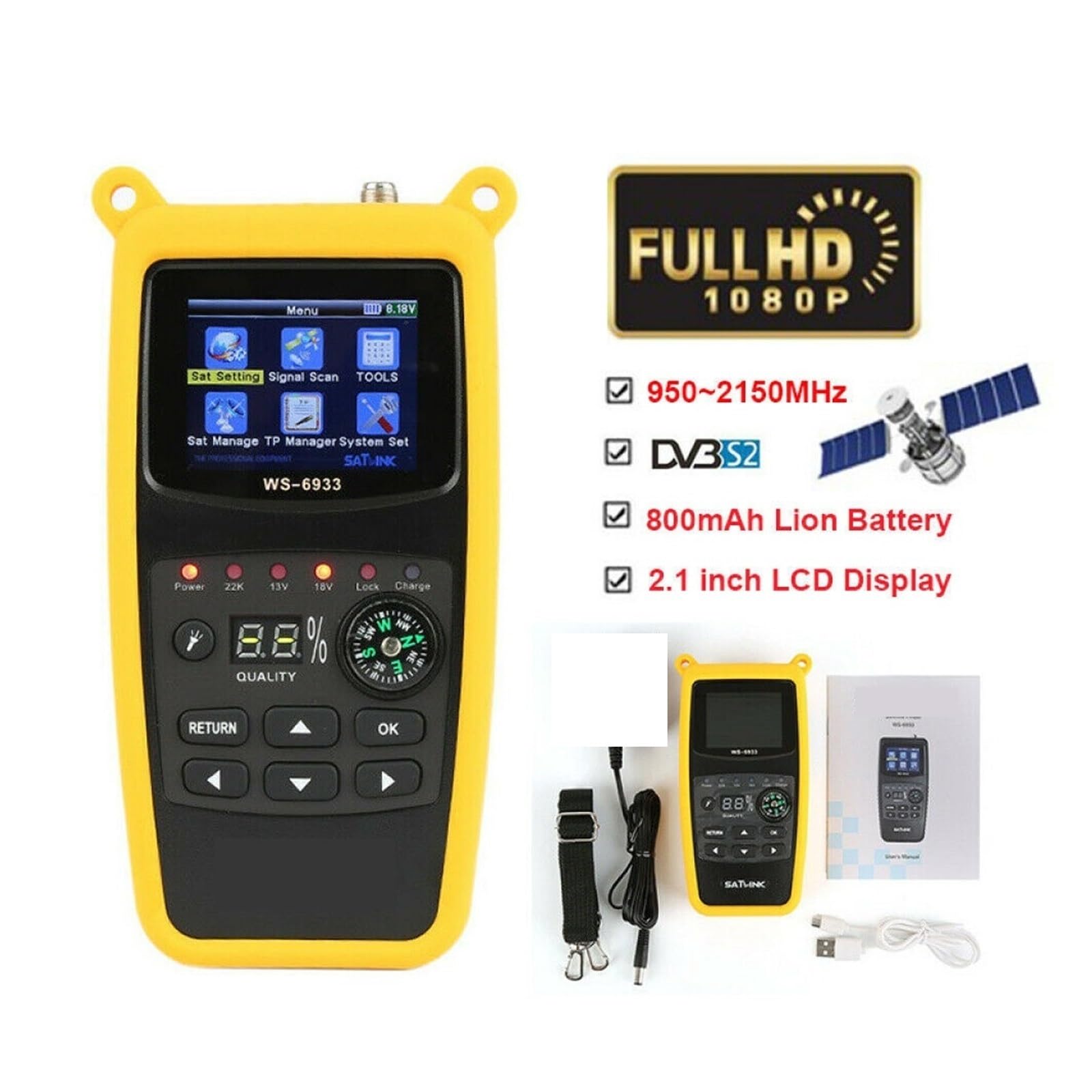 Medidor de Campo TDT, DVB-S2 FTA C & KU Band Digital Satellite Finder Meter 2.1` Pantalla LCD Cubierta de Silicona y batería de Litio WS 6933,para configurar Antena parabólica