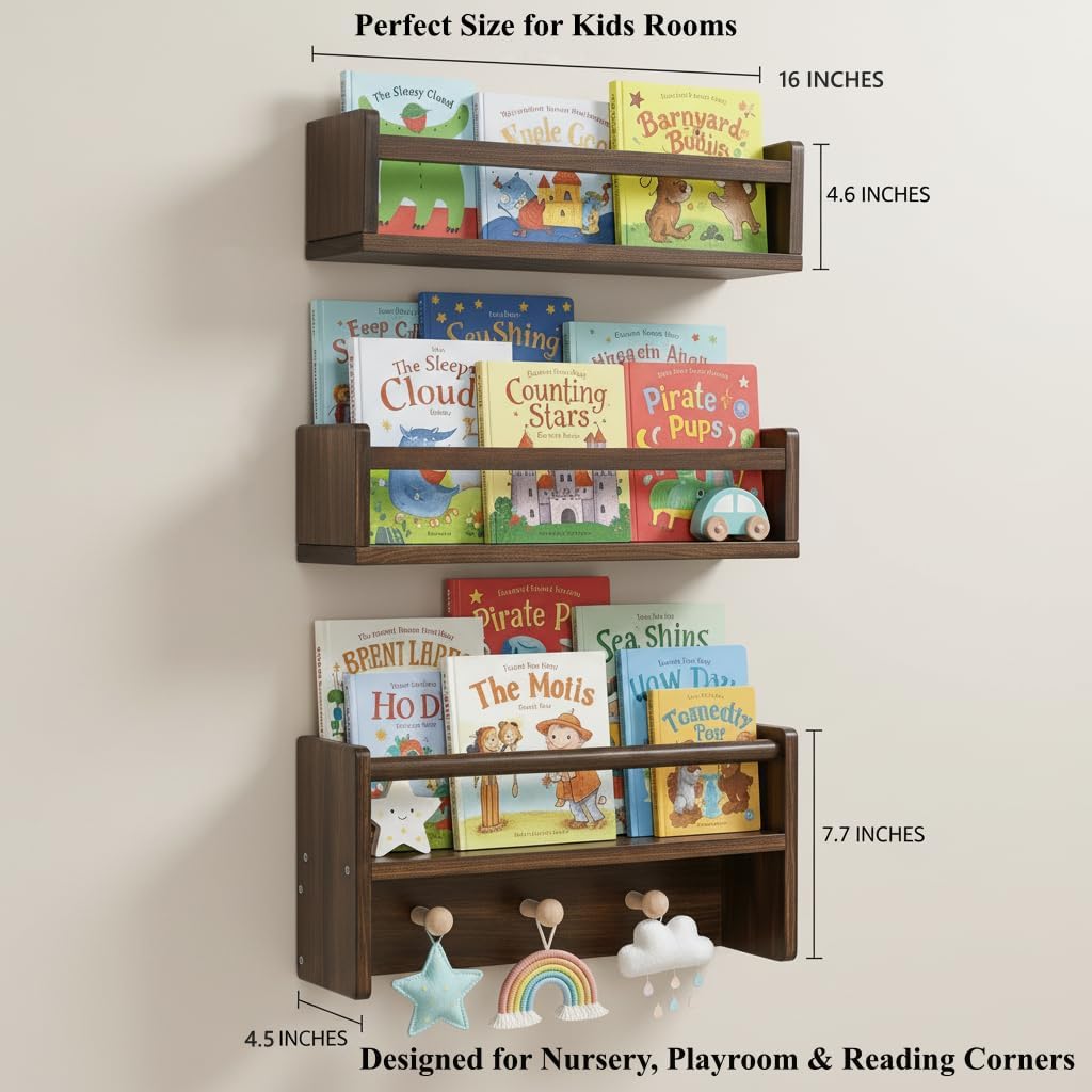 AZSKY 16 Inch Nursery Book Shelves Wall Floating Bookshelf with Hook Deep Walnut Hanging Book Shelf Toddler Room for Kids Room Bedroom Bathroom Living Room Kitchen Set of 3 image 5