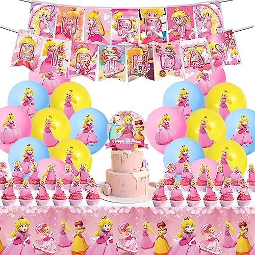 46PCS Princess Peach Theme Birthday Party Supplies 2023 for Girls Party Decorations and Daisy Party Favors Including Cake Decorations Cupacke Toppers Tablecloth Princess Banner Balloons