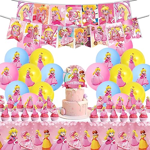 46Pcs Princess Peach Theme Birthday Party Supplies 2023 For Girls Party Decorations And Daisy Party Favors Including Cake Decorations Cupacke Toppers Tablecloth Princess Banner Balloons #TOP23