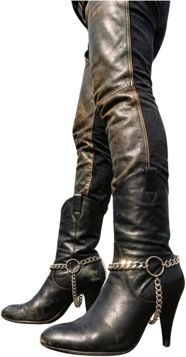 Women 2PCS Western Fashion Jewelry Boot Bracelet Metal Chain Silver Big Ring Bling Shoe Charm SET BC133