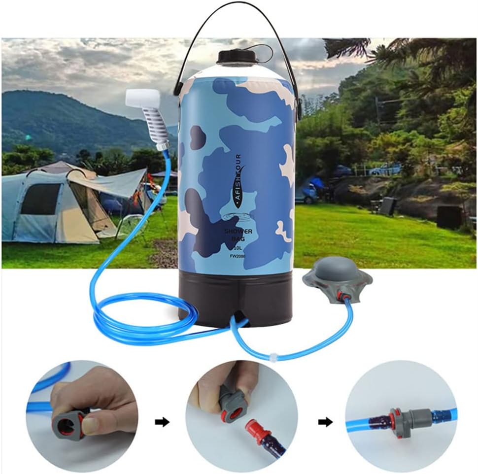 Camping Shower Bag 10 Litre Portable Water Bladder Shower Pump Shower Bag with Pressure Foot Pump and Shower Head for Outdoor Camping (Blue)