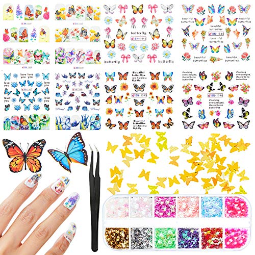 12 Sheets Butterfly Nail Decal Sticker Water Transfer Nail Art Sticker and 12 Grids Colored Holographic Butterfly Nail Sequin 3D Butterfly Nail Glitter Flake with Tweezers for Women Nail Decoration