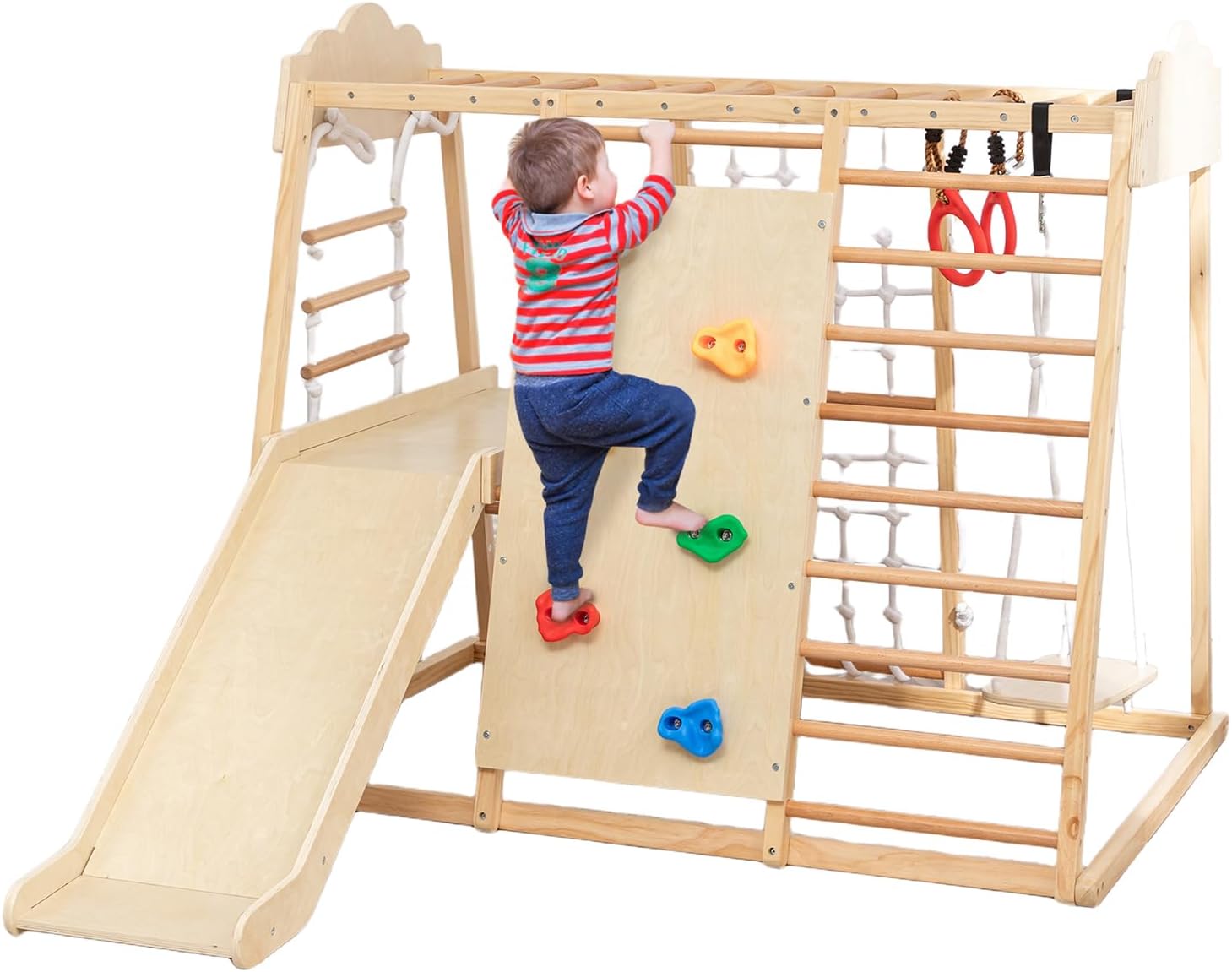 8-in-1 Wooden Indoor Jungle Gym for Toddlers, Montessori Climbing Playset with Slide, Swing, Climbing Net, Rings, Monkey Bars – Indoor Playground for Kids Ages 3-8