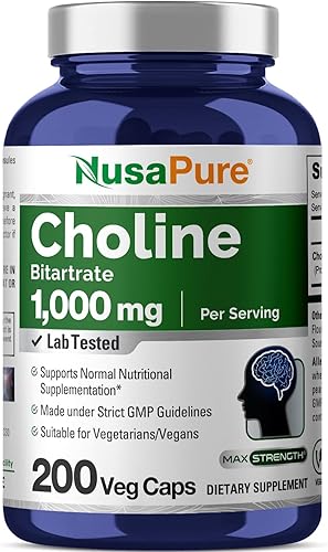 NusaPure Bitartrato de colina 1000 mg 200 cápsulas vegetales (vegetariano vegano, sin OGM)