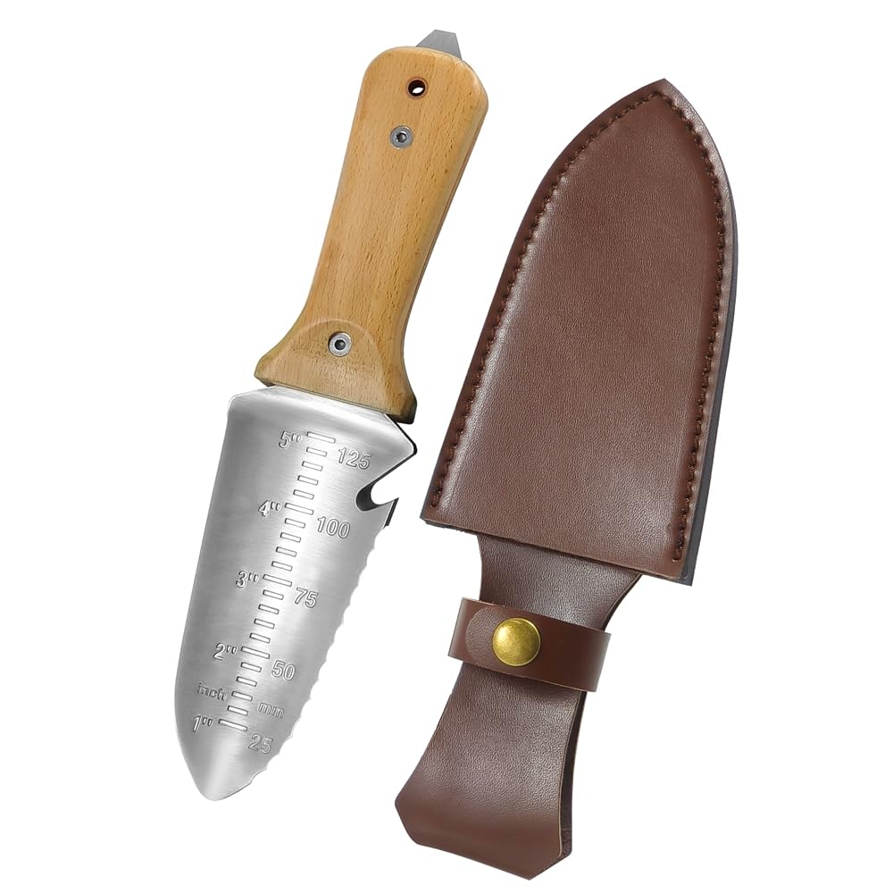 Minamino 5 Zoll feste Klinge Mehrzweck-Hori-Hori-Gartenmesser mit Lederscheide und Wetzstein, komfortablerer Holzgriff