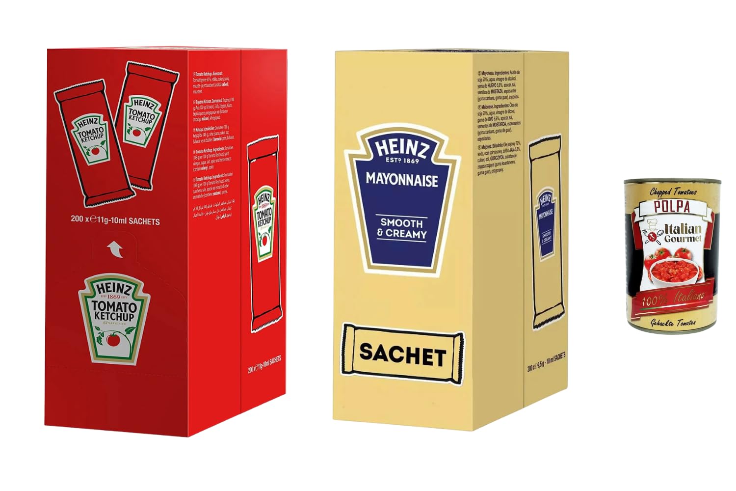 Italian Gourmet Portionsbeutel Set 400×10 ml (Ketchup 200 + Mayonnaise 200, To-Go, Imbiss, Pommes, Burger, Hot Dog, Party, Catering & Foodtruck) + Italian Gourmet Polpa