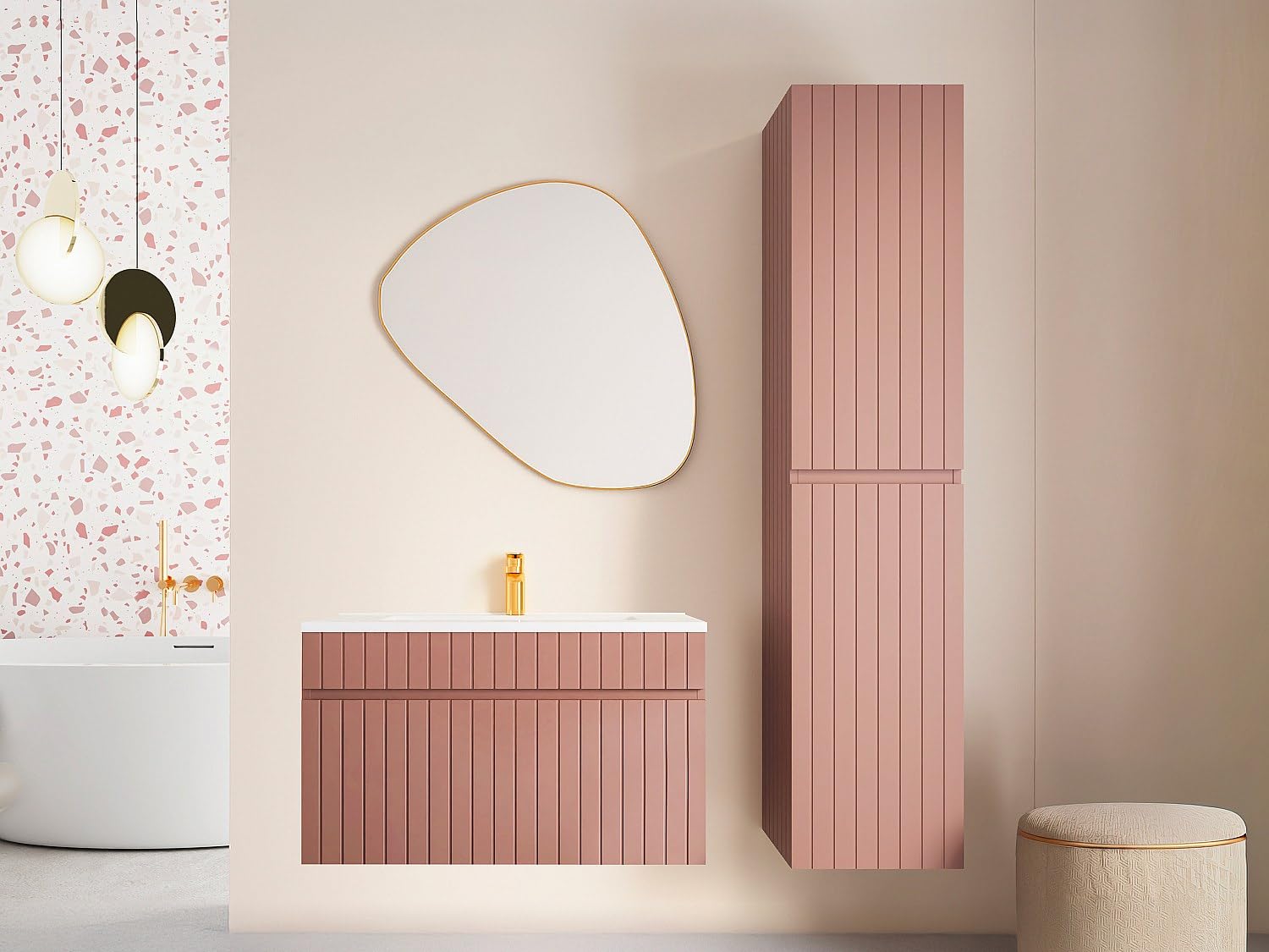 Vente-unique - Meuble de Salle de Bain Suspendu strié Rose avec Vasque à encastrer et Colonne - 80 cm - SATARA