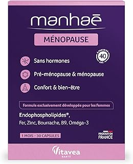 Visuel du produit : Vitavea - Manhaé - Complément Alimentaire Ménopause et Pré-Ménopause Sans Hormones - Confort et bien-être pendant la ménopause - Acide Folique, Omega 3, Zinc, Fer, 30 gélules, Cure de 1 mois