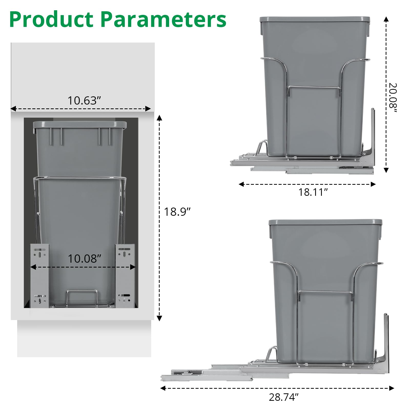 Poubelle coulissante sous meuble cuisine – Acier inoxydable gris, fermeture douce, capacité 30QT/45kg, bac à déchets et recyclage, glissières à extension totale, gain de place – Taille : 25,