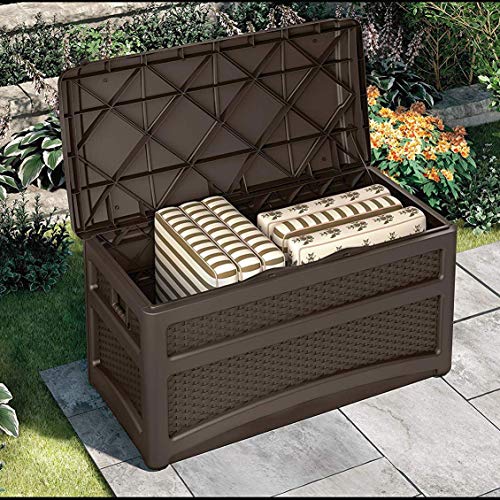 Suncast 73 Gallon Deck Box W/ Seat & Trash Hideaway Outdoor Garbage Bin, Java #TOP2