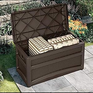Suncast 73 gallon deck box wicker trash hideaway outdoor garbage bin java  urban country home decor