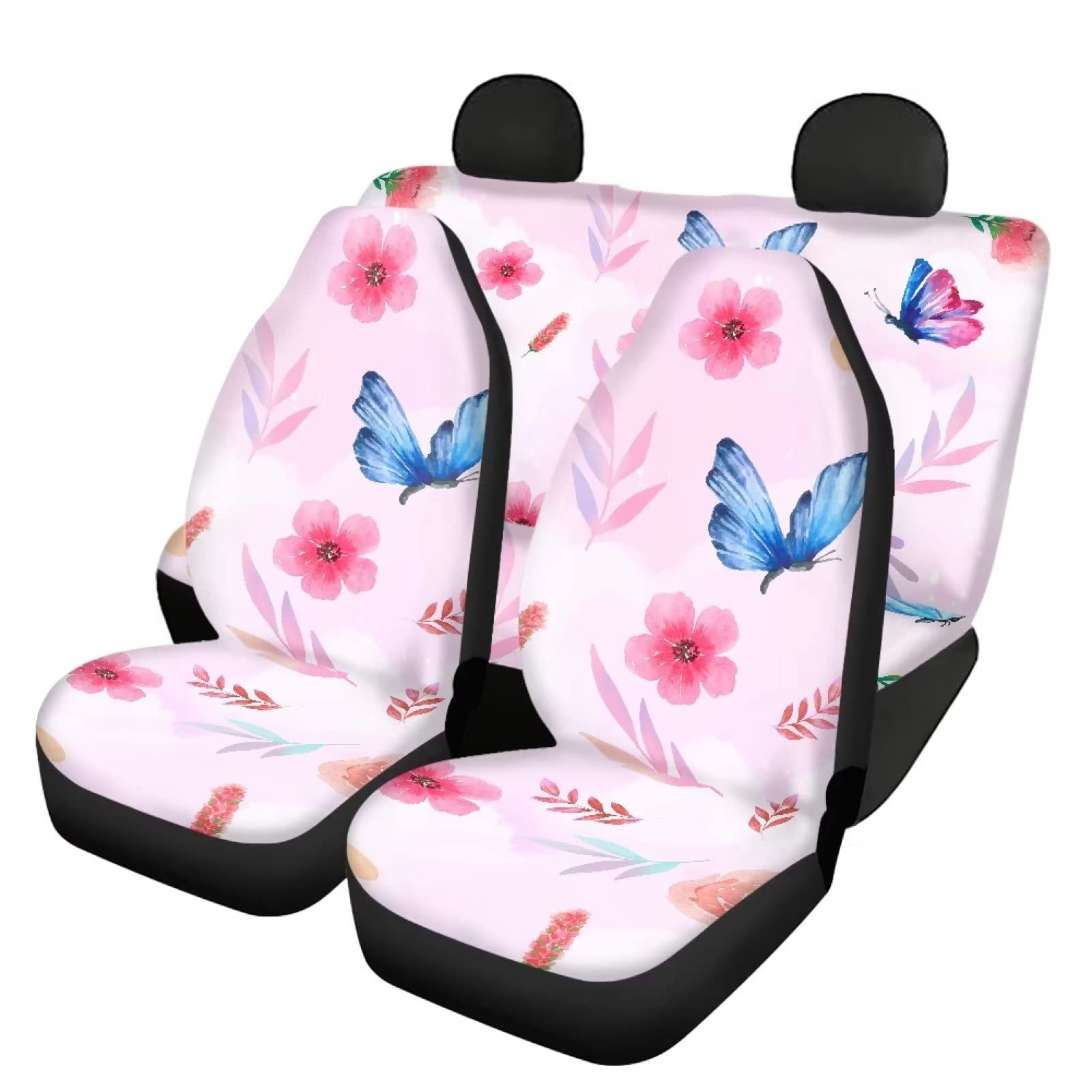 Flower Butterfly Design Pink Seat Covers for Cars Full Set Elastic Durable Non Slip Two Front Seat Cover Rear Bench Universal Car Seat Protector Fit Trucks SUV Comfort Soft Automotive Seat Cover