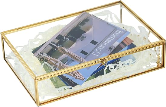 HighFree Gold Glass Photo Box - Vintage Photo Storage Organizer - Keepsake Display Box - Clear Jewelry Glass Box - Home Decor Box for Trinket Rings Bracelet X-Medium