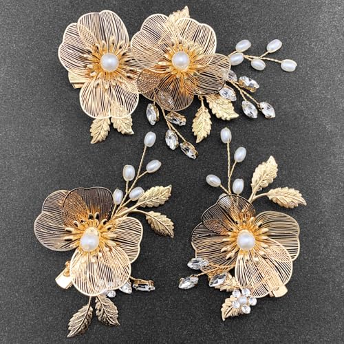 Pinzas para cabello doradas con flores y perlas de cristal, pack de 3 miniatura 4
