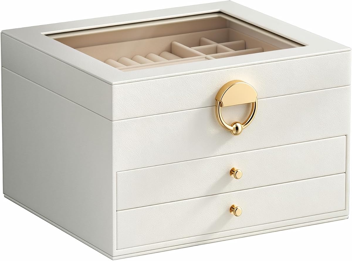 GeeBom Jewelry Box, 3-Layer jewelry organizers and storage, Cloud White | Jewelry Boxes For Women – Velvet Lining, Tangle-Free Storage – Watch, Bracelet, Ring, Earring Holders – Elegant Gift Case