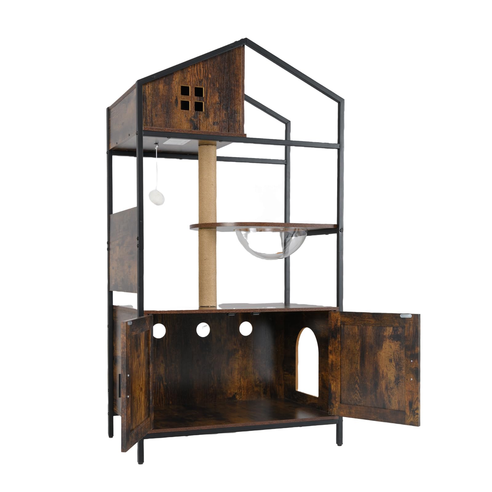 GOPLUS Arbre à Chat avec Meuble Litière pour Chats, Poteaux Griffoir en Sisal, Arbre à Chats Bois avec Niche et Capsule Spatiale, Structure Métallique Style Industriel, 80 x 48 x 150 cm