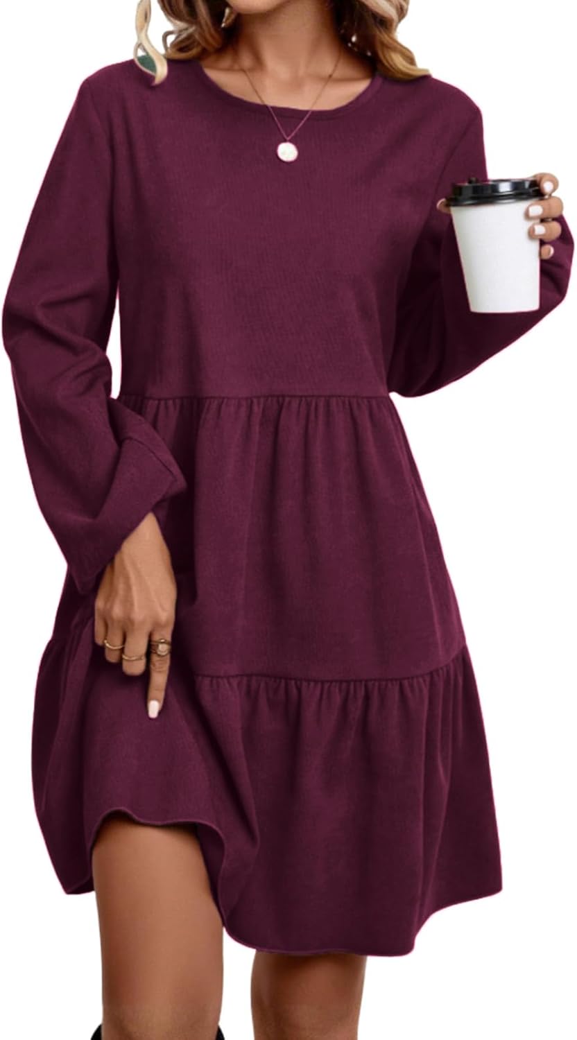 Ladies' Long-Sleeved Mid-Length Dress with a Round Neck and a Waist-Highlighting Sh...