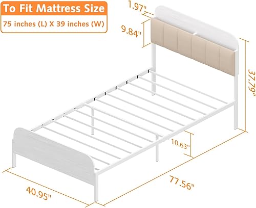Miniatura 2 de Timy Kids Twin Bed Frame with Bookcase Headboard, Metal Platform Bed Frame with Upholstered Headboard for Boys Girls Teens Adults, No Box Spring