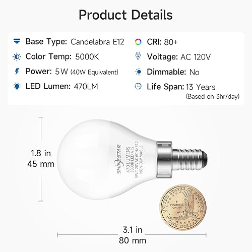 Miniatura 9 de SHINESTAR Paquete de 6 bombillas LED E12, equivalente a 40 W, blanco cálido de 2700 K, base de candelabro A15, no regulables