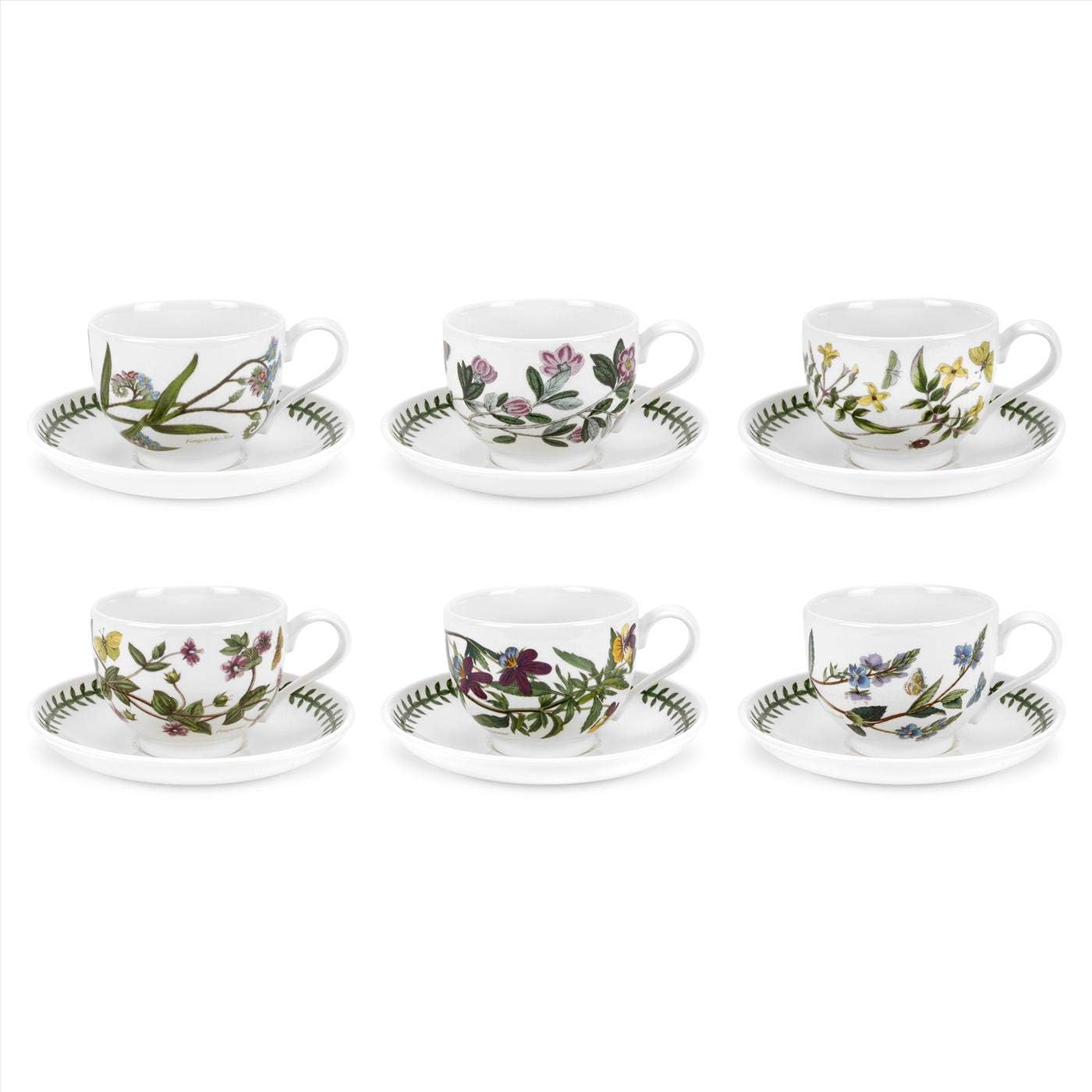 Portmeirion Botanic Garden 10oz Teacup and Saucer - Set of 6 | Assorted Floral Motifs | Fine Earthenware | Chip Resistant Glaze | Dishwasher, Microwave, Freezer, Oven Safe | Made in England