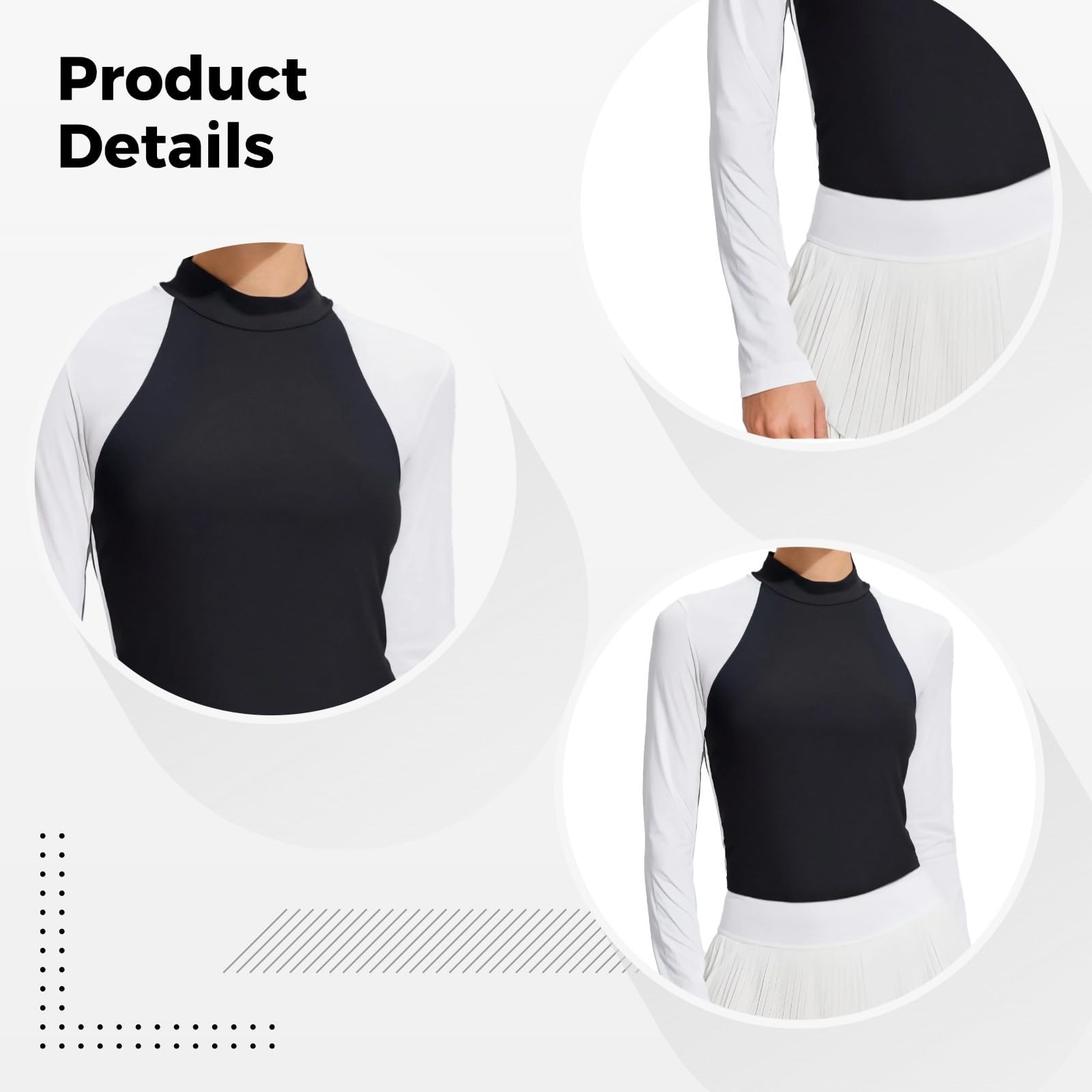 Generisch Tennisrock-Set für Damen, zweiteiliges Sportoutfit, Kontrastoberteil mit halbem Rollkragen und Langen Ärmeln, Faltenrock, weich, dehnbar, aus Nylon/Elasthan, für vielseitige Aktivitäten