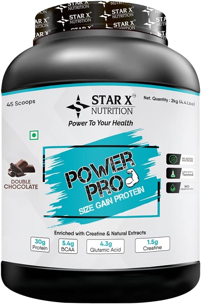 STAR X NUTRITION Power Pro Size Gain Protein (Double Chocolate, 45 Servings) - 30g Protein, 5.4g BCAA, 1.5g Creatine (4.4lbs, 2kg)