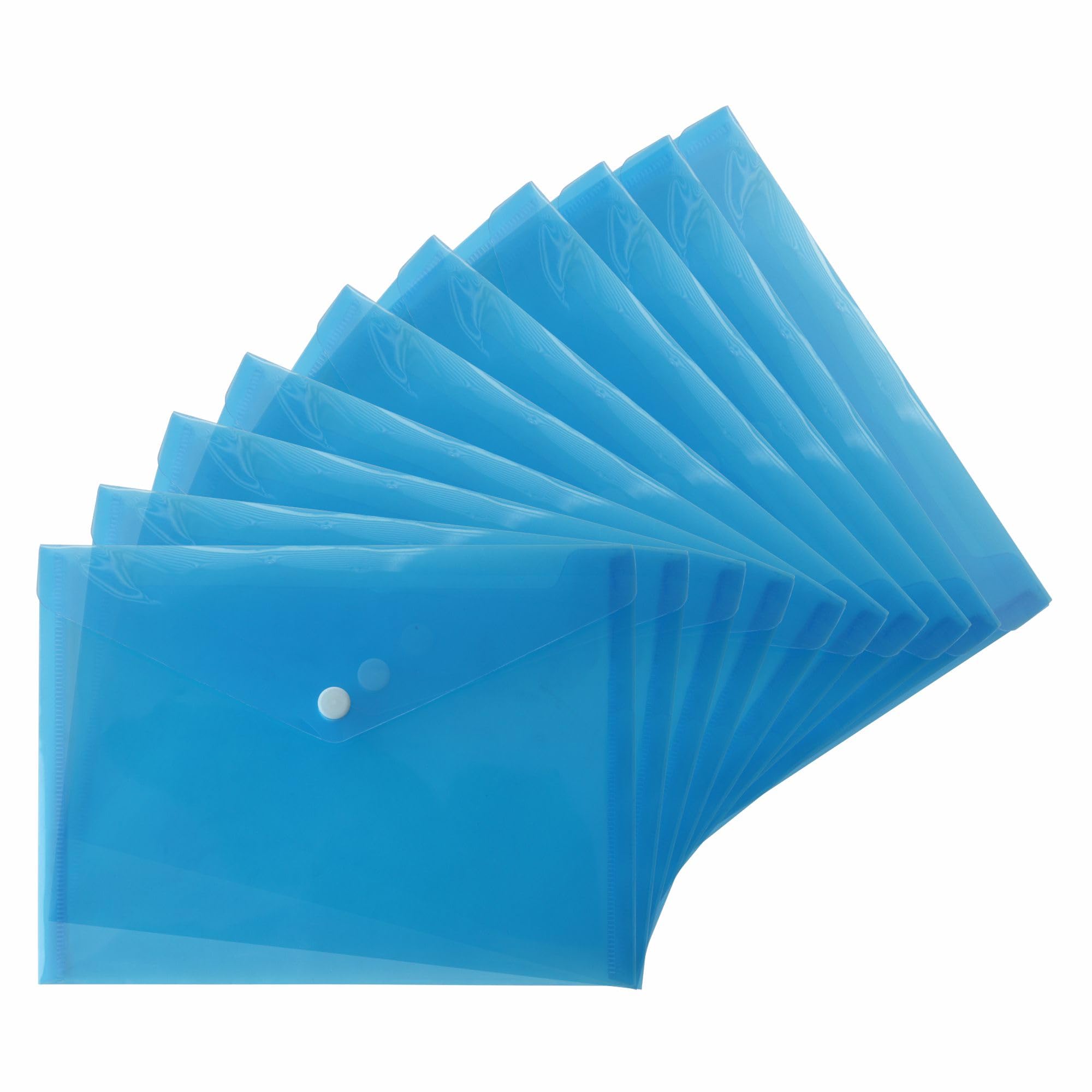 FotoStation A5 Plastic Wallets with Stud Button, Pack of 20 - Translucent Colour Plastic Document Folders to Store Documents A5 Popper Wallets (Sky Blue)