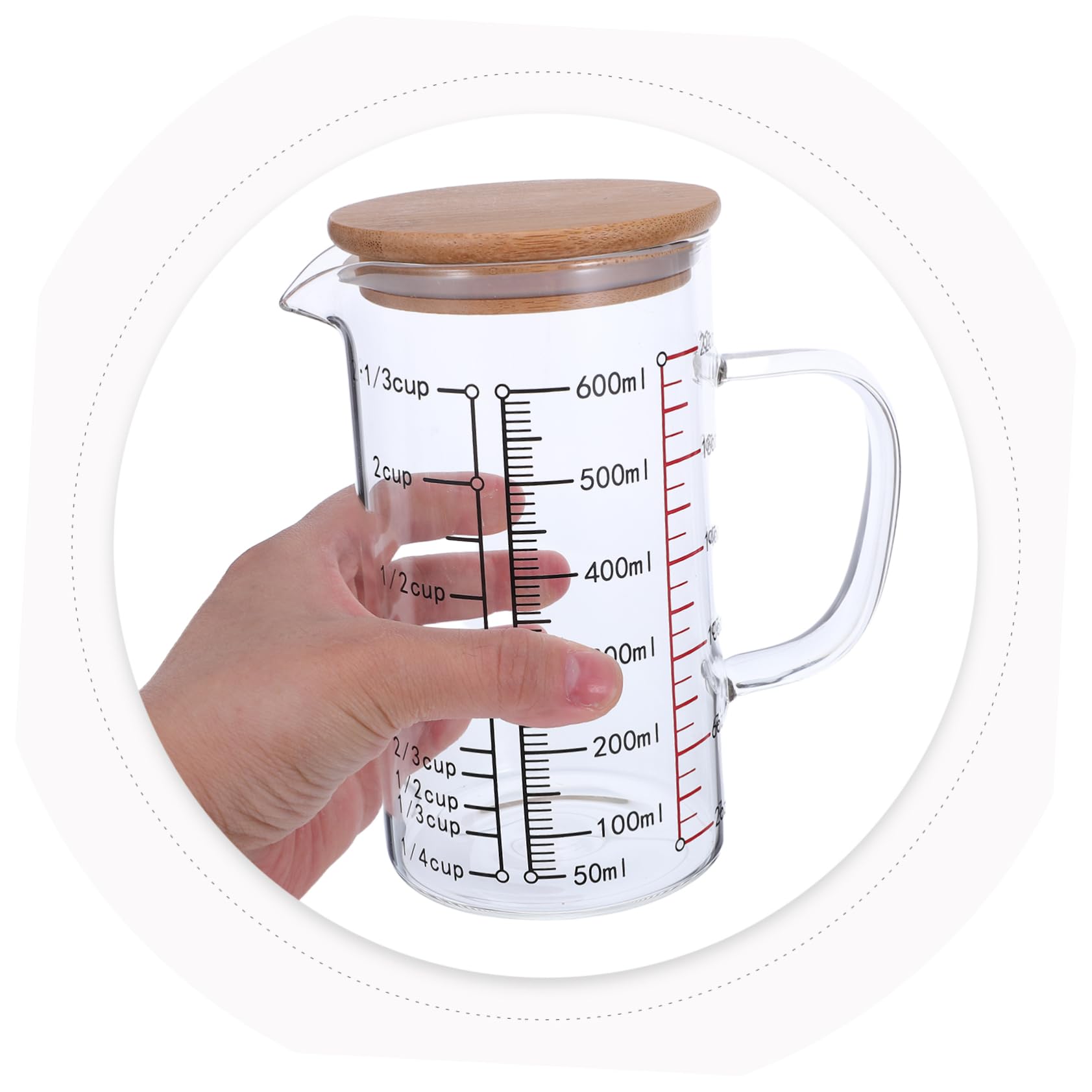 Taza Medidora de Vidrio con Tapa 600ml, Mango Ergonómico y Resistente al Calor para Hornear y Usar en Microondas