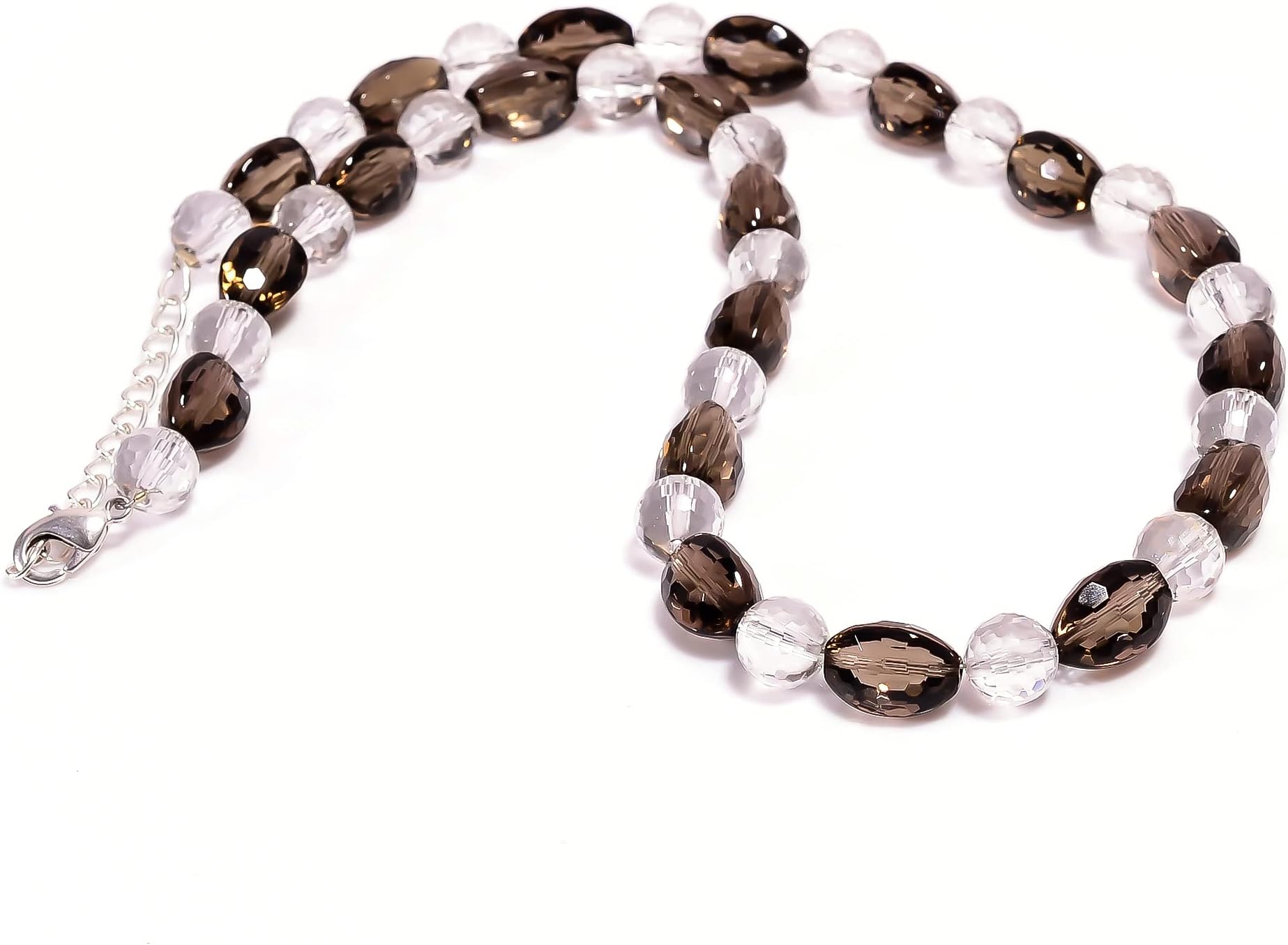 Gorgeous And Natural Smoky Quartz Crystal Gemstone Faceted Mix Shape Beaded Sterling Silver Necklace For Women & Girls