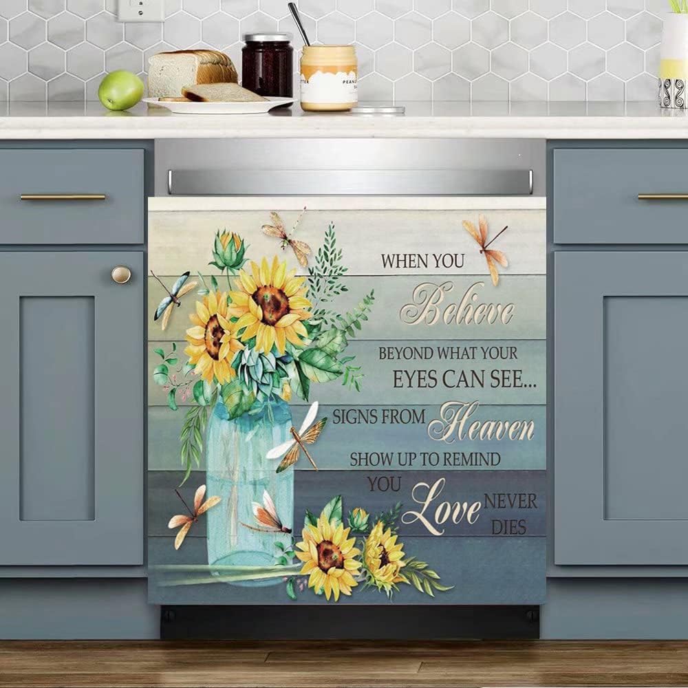 Magnet Dishwasher Cover Daisy Sticker for Refrigerator,Fresh Look Flower Fridge Magnet Kitchen Decorative,Vase Floral Dishwasher Magnetic Vinyl Panel,Home Appliance Front Door Sticker 23"x17"