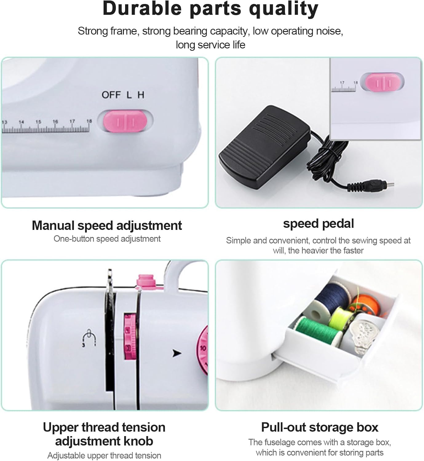 Mini Nähmaschine für Anfänger, 12 Stiche Haushalt Doppelfaden Multifunktionsnähmaschine für Kinder, Strom und Batteriebetrieb, LED Licht (Rosa)