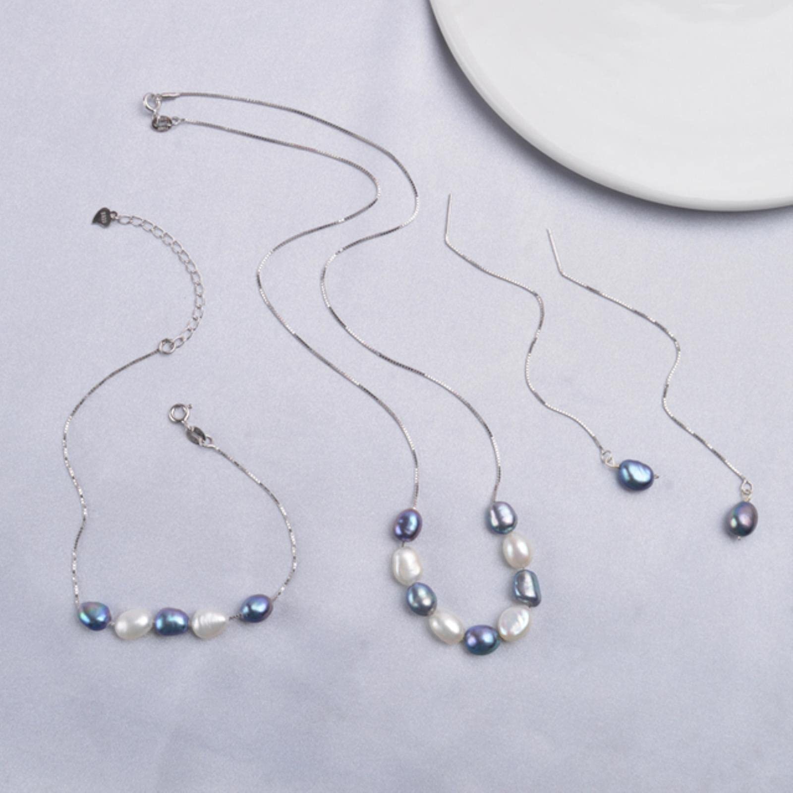 925 Sterling Silber Schmuck Sets Echt Barock Süßwasserperlen Halskette Ohrringe Armband Für Frauen Neu 45cm
