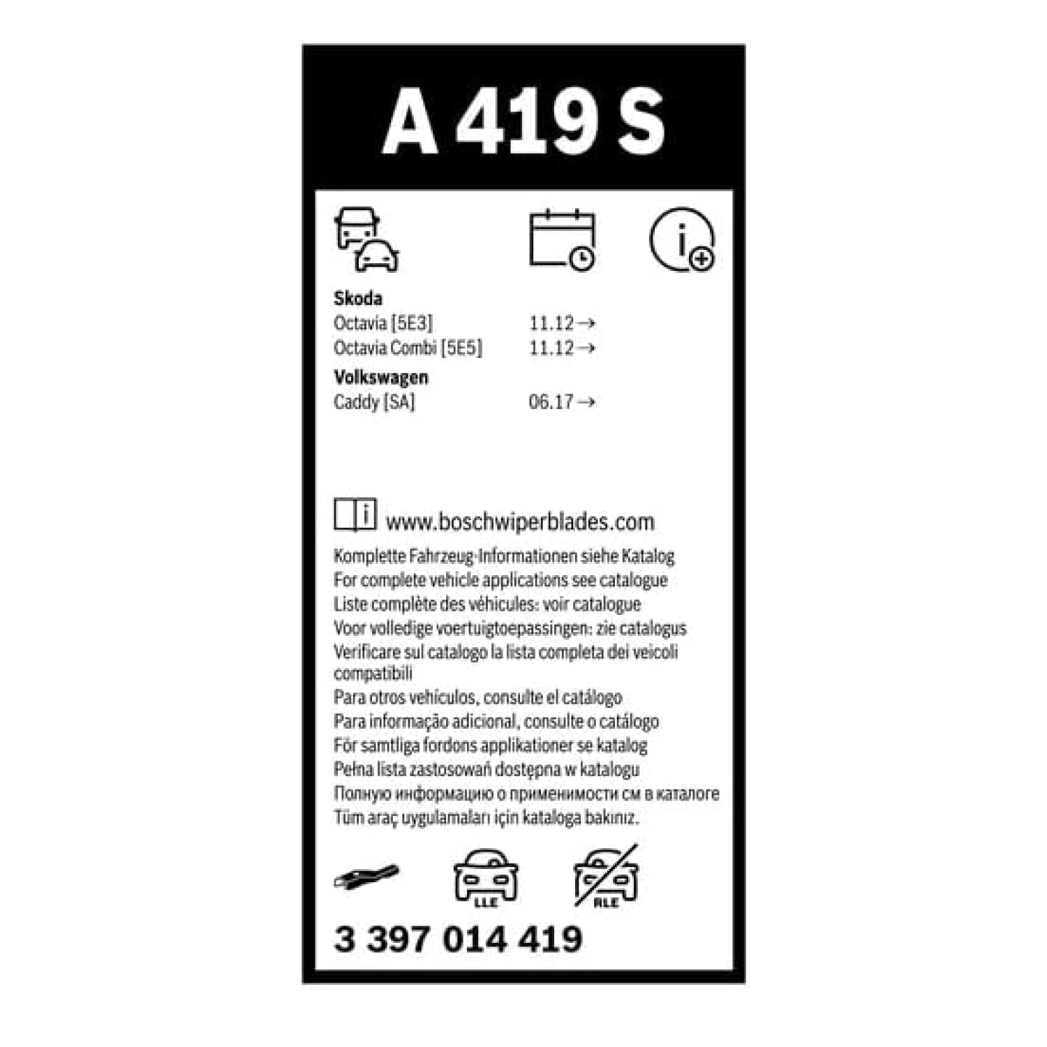 BOSCH Spazzola tergi 3397014419 Compatibile con: SKODA OCTAVIA III, OCTAVIA III Combi, VW CADDY ALLTRACK Großraumlimousine, CADDY ALLTRACK Kasten/Großraumlimousine, CADDY IV Großraumlimousine