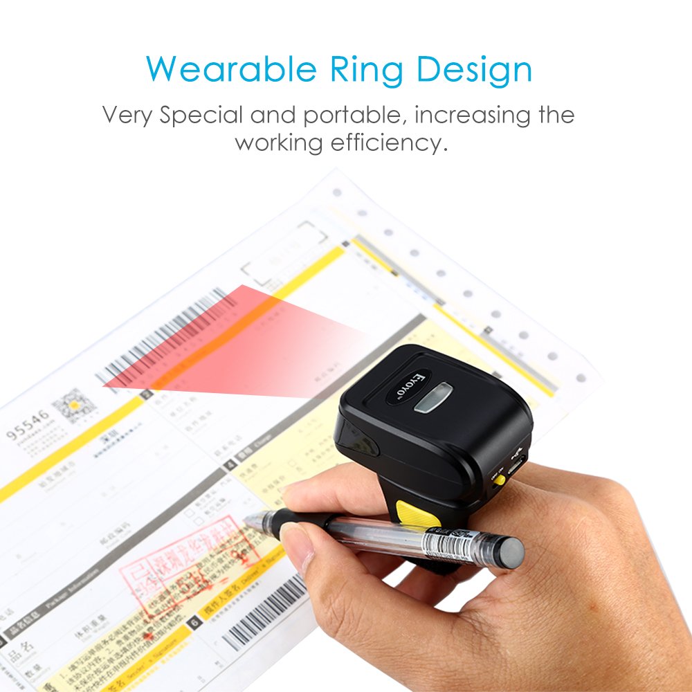 Mini lettore di codici a barre 1D/2D e codici QR, con supporto ad anello indossabile, wireless, compatibile con Windows, Mac OS, Android 4.0+, iOS, per codici QR, PDF417, DataMatrix a video e cartacei