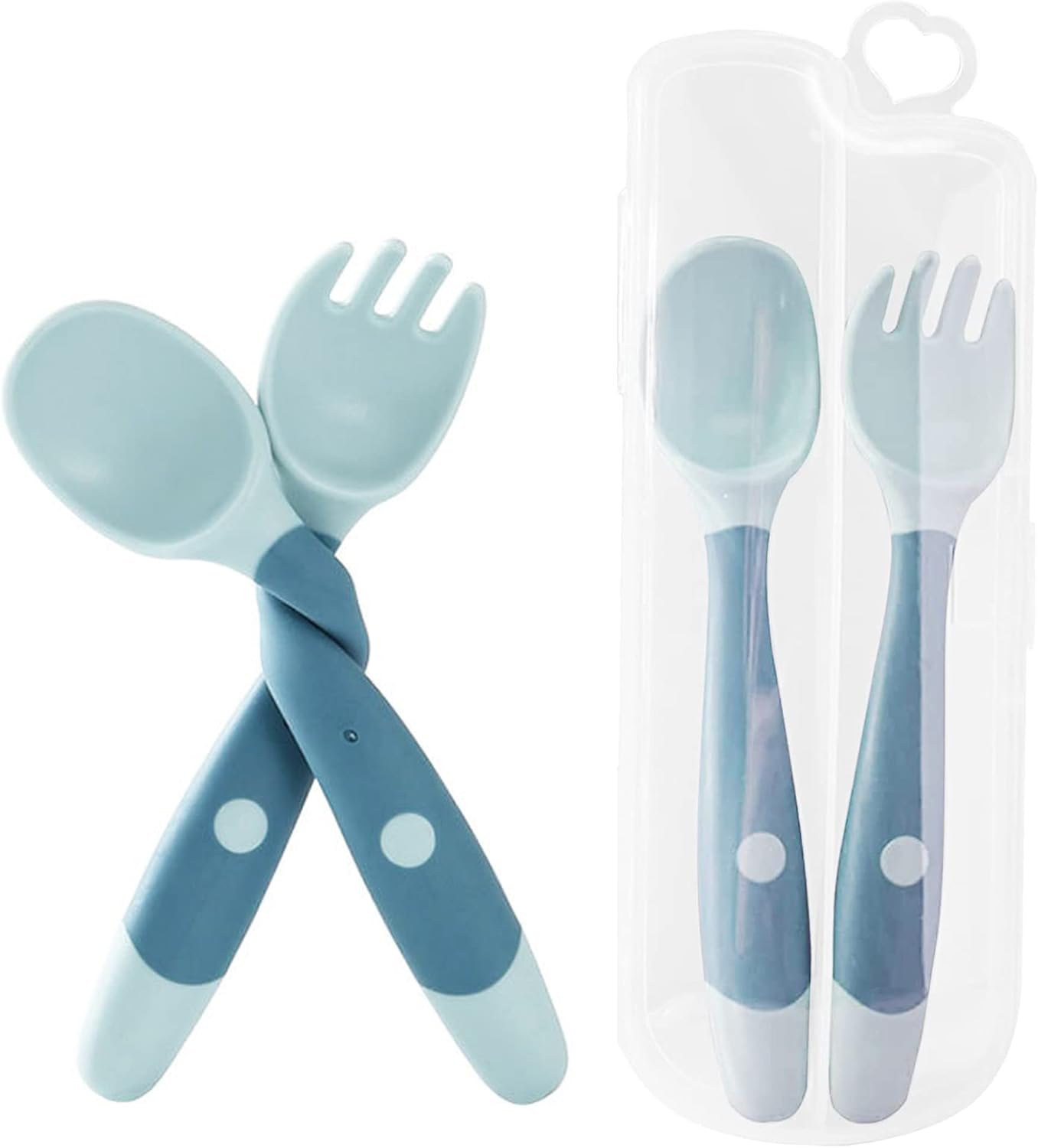 1Pair Baby Fork and Spoon Set, 360° Bendable Weaning Spoons Self Feeding Learning Silicone Baby Spoons, First Led Training Cutlery Set with Storage Case for Infant Toddler Children Kids(Blue)