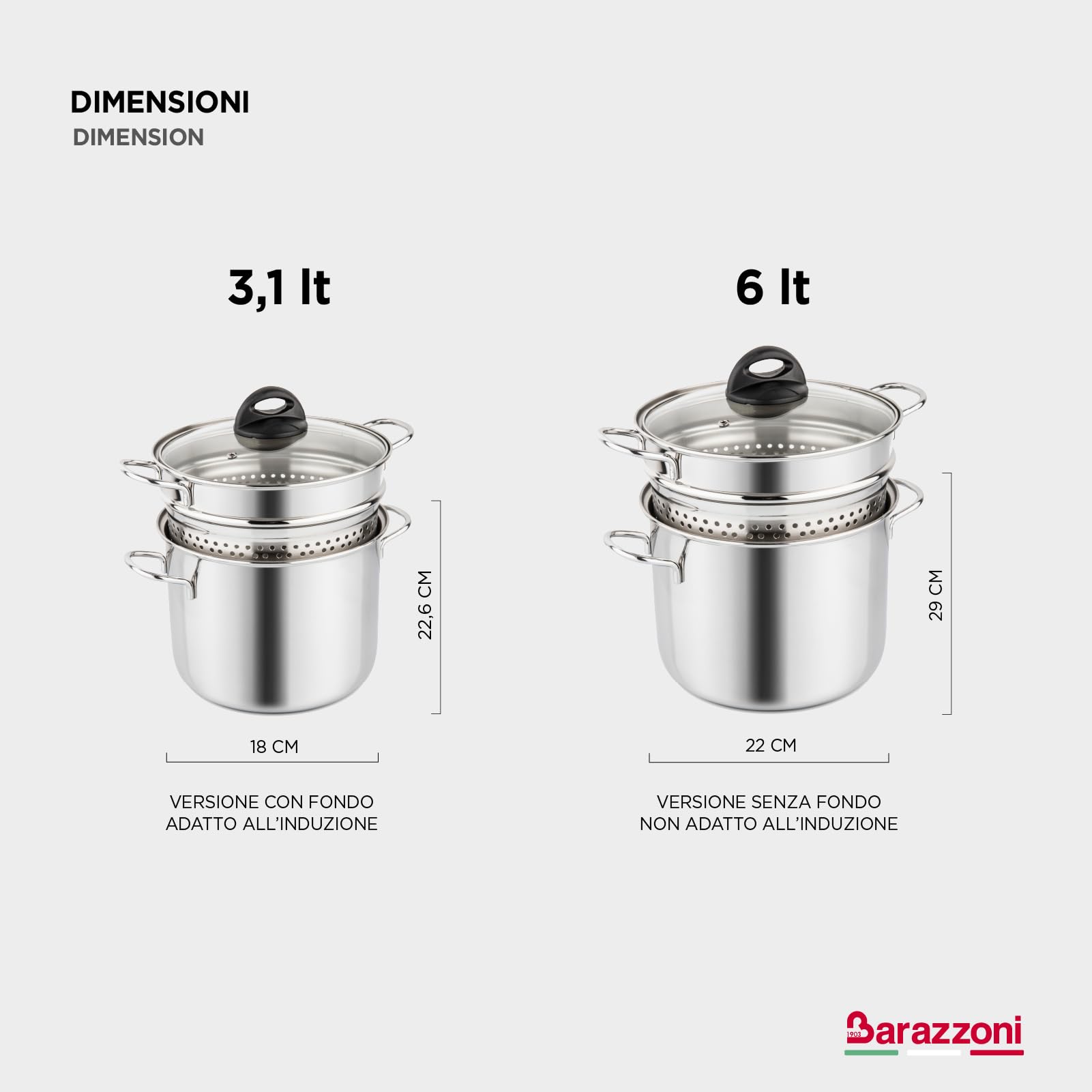 Barazzoni Spaghettiere con cesta, ø18 cm, capacidad 3,1 l, acero inoxidable 18/10. También apto para inducción, fabricado en Italia.