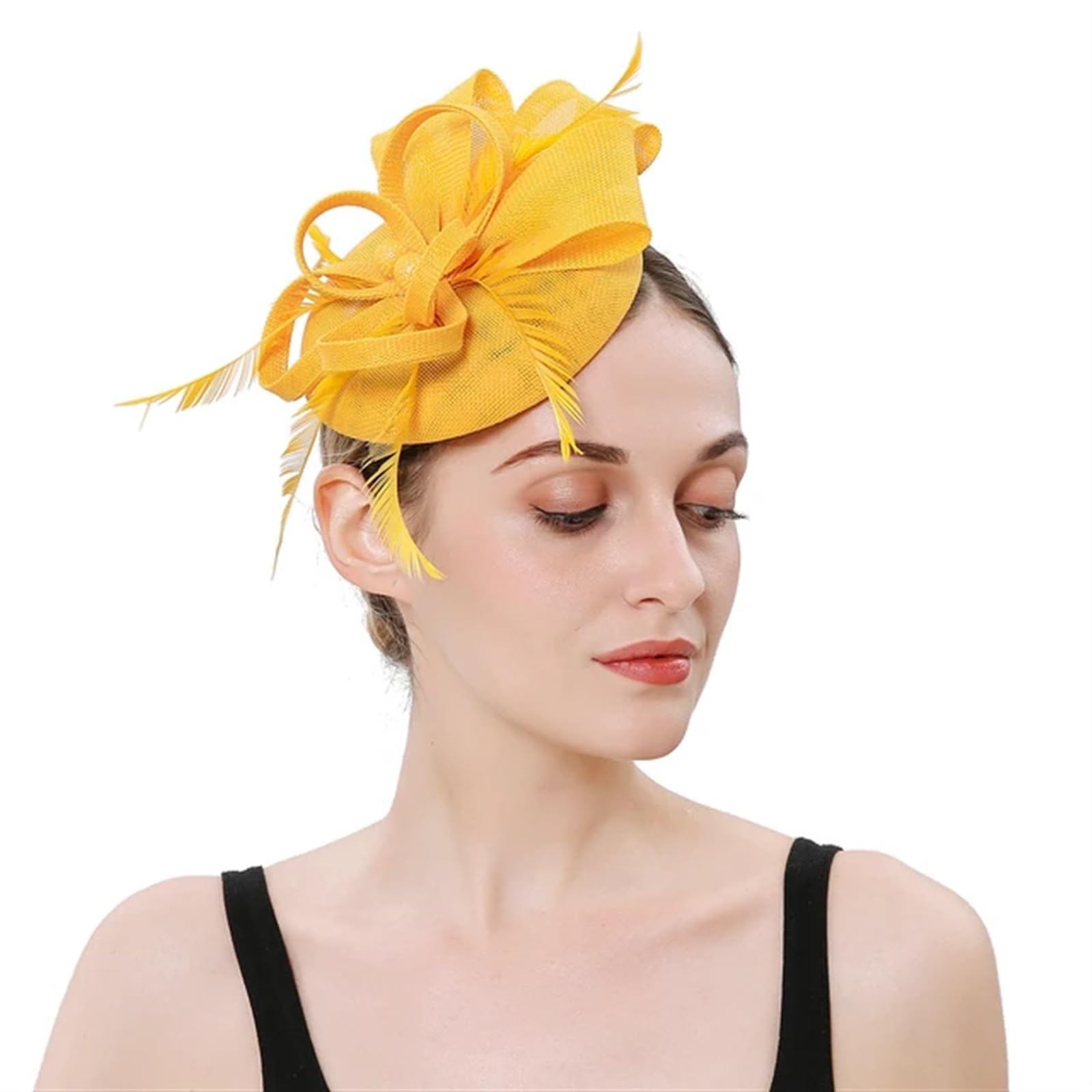 UALXPAO Wedding Hats Women Fascinator Hat Cocktail Wedding Church Headwear Feather Hair Accessories Lady for Tea Party,Weddings(Yellow)