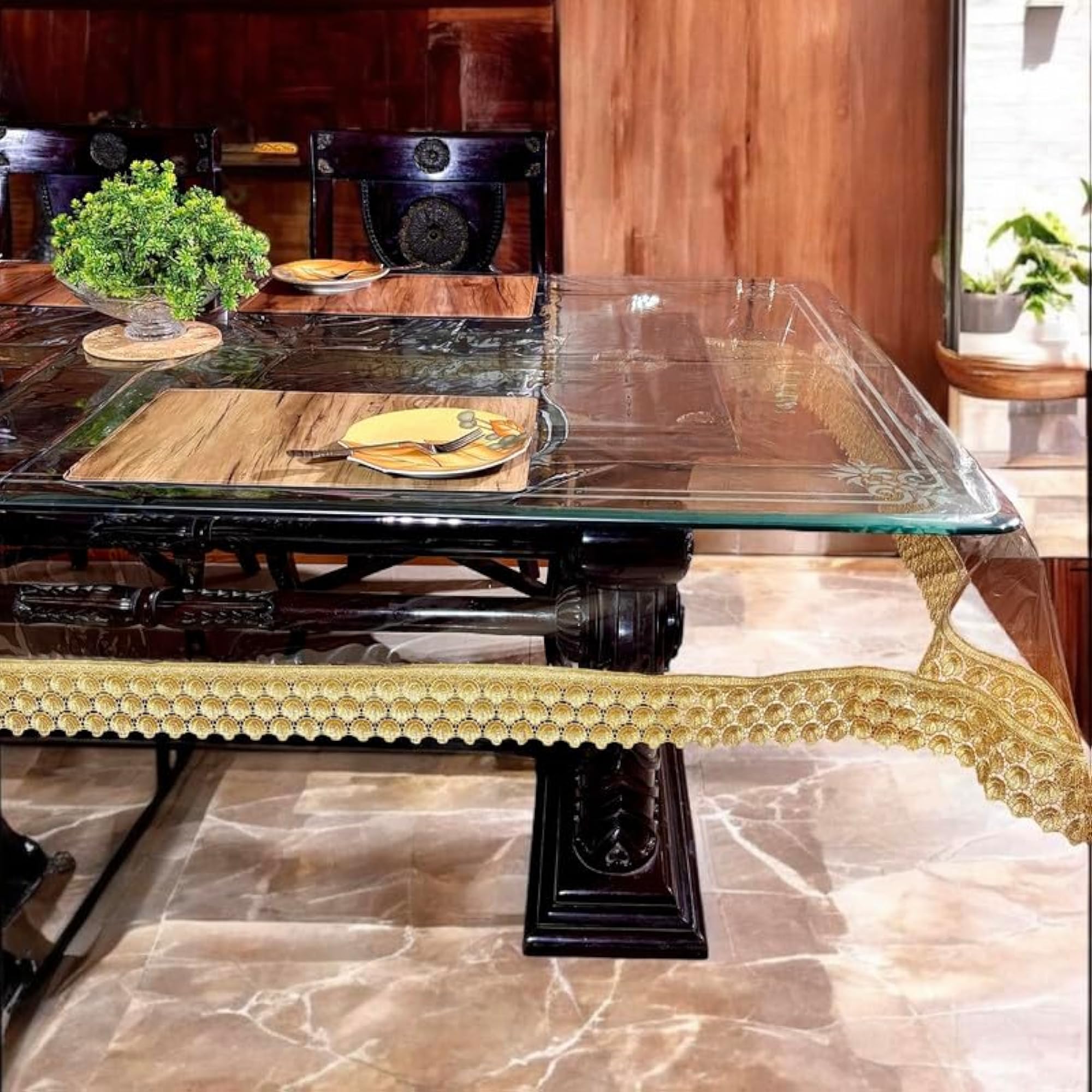 Transparent 6 Seater Dining Table Cover with Gold Lace