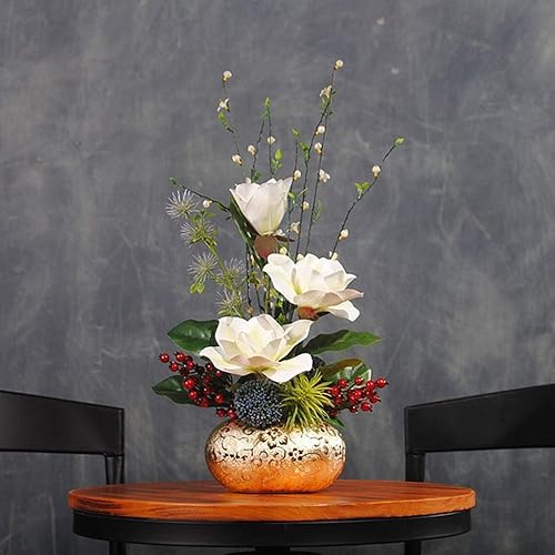 Miniatura 2 de INDYAH Juego de flores artificiales en maceta, flores falsas, flores de magnolia, flores de seda, arte floral en general para sala de estar,