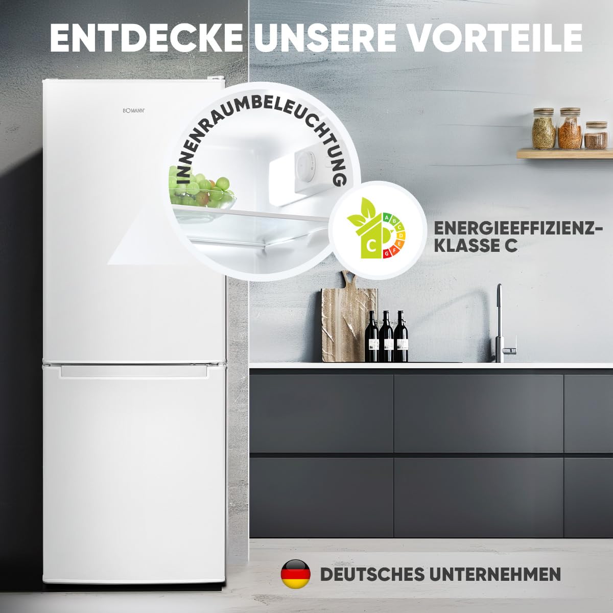 Bomann, KG7359 Réfrigérateur et Congélateur 173L Blanc - 121L Réfrigérateur, 52L Congélateur 4 Étoiles, Éclairage LED, Alarme d'Ouverture, Bac à Légumes, 3 Étagères en Verre, Économie d'Énergie