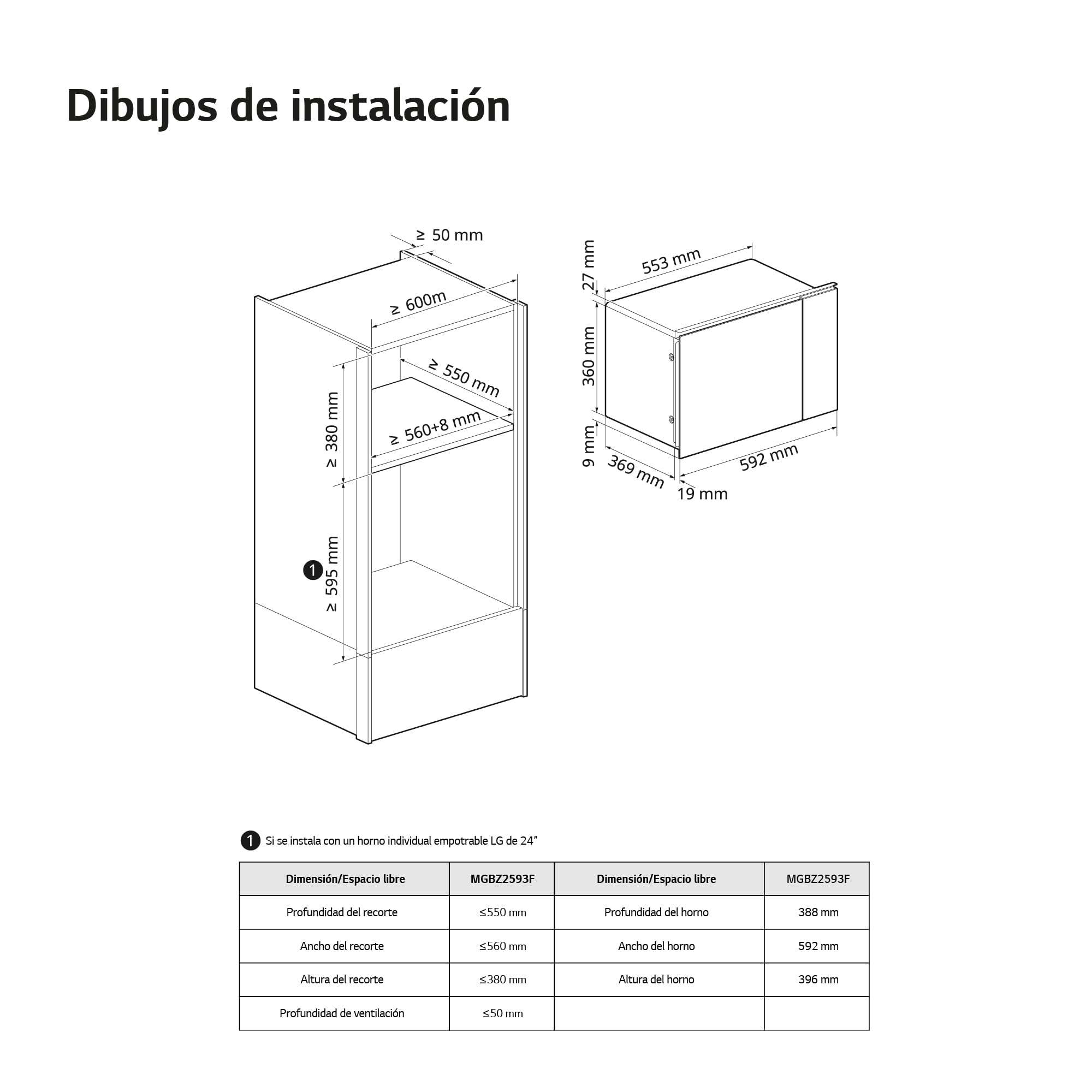 LG MGBZ2593F – Microondas Grill 2 en 1, 25L, Integración total, Display Led, 900W, Fácil impieza, Táctil, Cristal Negro, Inox