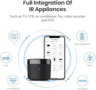 Broadlink RM4 Mini IR Universal Remote Control with HTS2 Cable (Only 2.4 GHz Wi-Fi) Intelligent Home Automation WiFi Infrared Blaster for TV, Air Conditioning, Compatible with Alexa and Google Home.