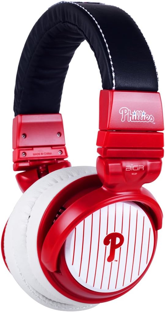 Phillidelphia Phillies Headphones, w/High-Fidelity Drivers, In-Line Microphone, Detachable Cable, Compact Folding Design & Bamboo Box by BiGR Audio