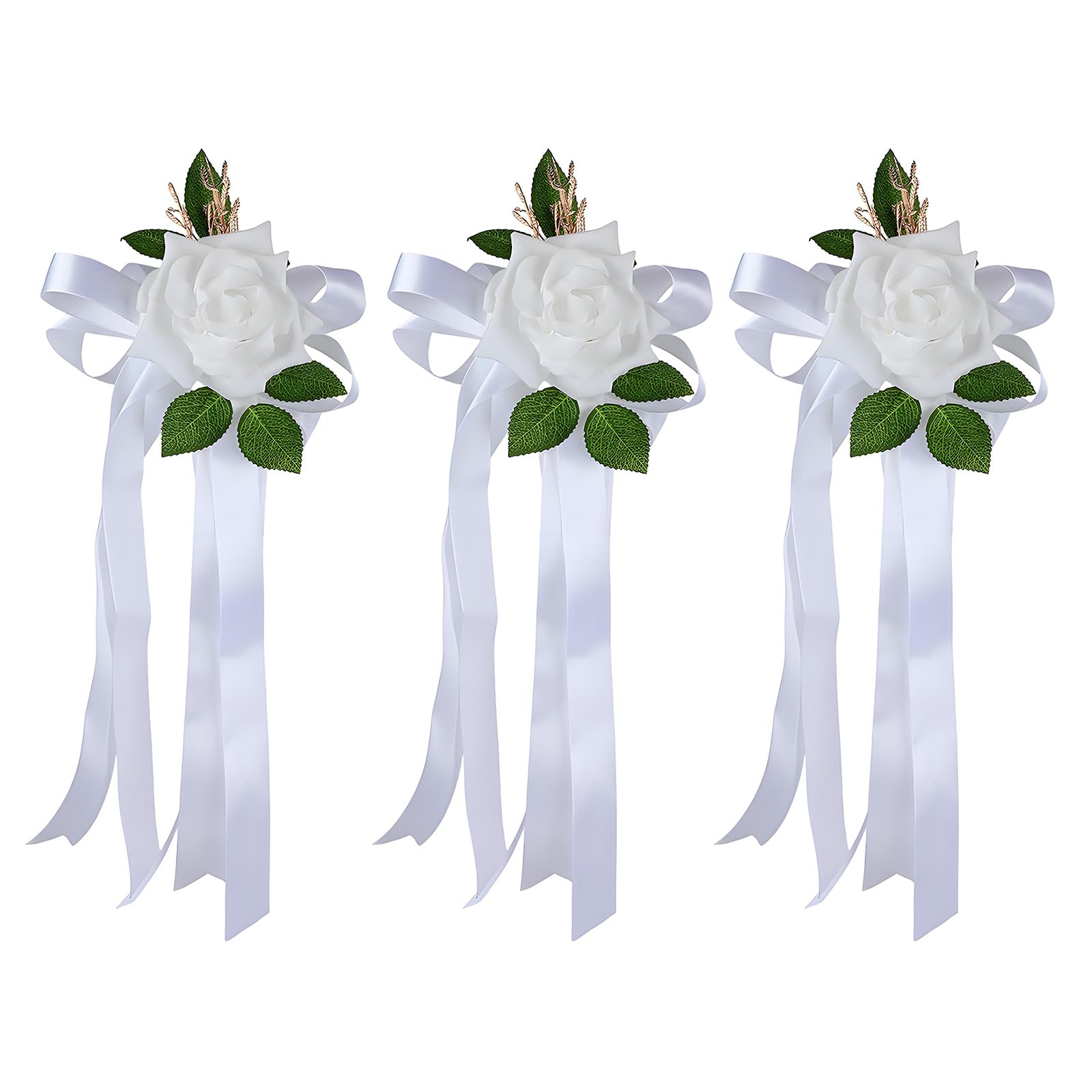 Shntig White Car Rose Decoration With Faux Greenery And Ribbon Tails For Wedding, Engagement And Celebration Displays Bridal Car Flower Decor Faux Rose Ceremony Styling Engagement Backdrop Photo Scene