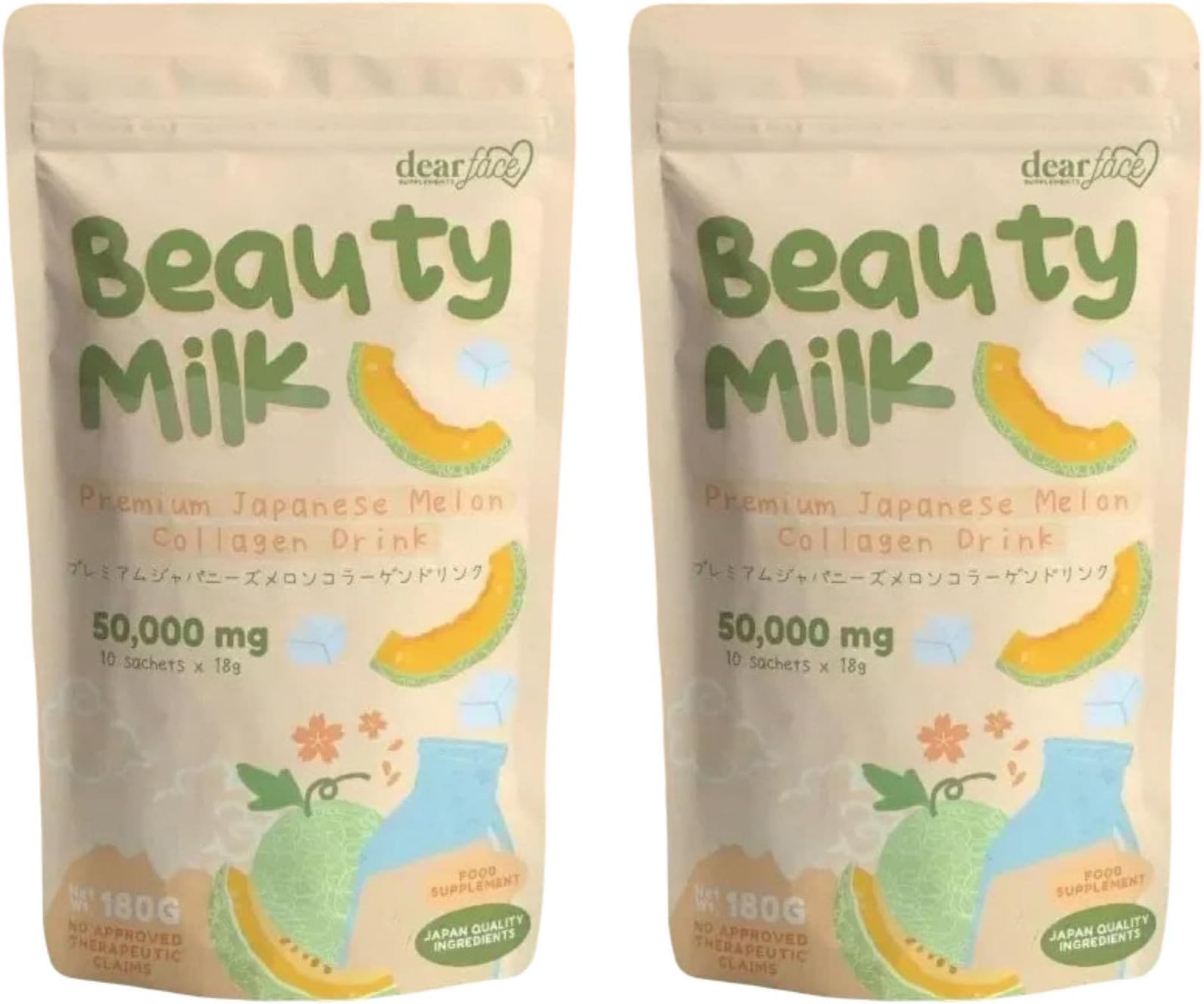 Dear Face 2 Packs Beauty Milk Japanese Collagen Melon Drink - 50,000mg Hydrolyzed Collagen