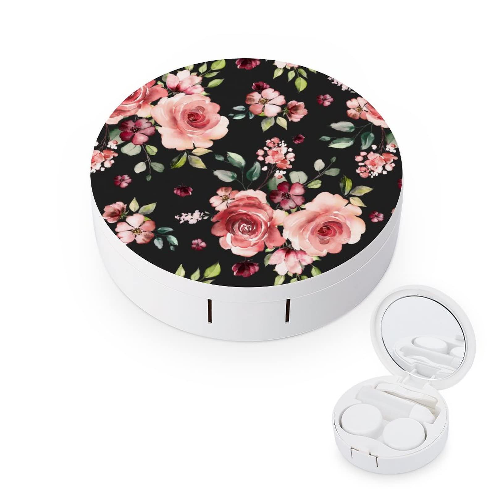 Flowers Rose Contact Lens Case Colored Contact Lens Box Holder Container with Mirror Portable Eye Contact Holder Travel Kit with Lens Cleaner Solution