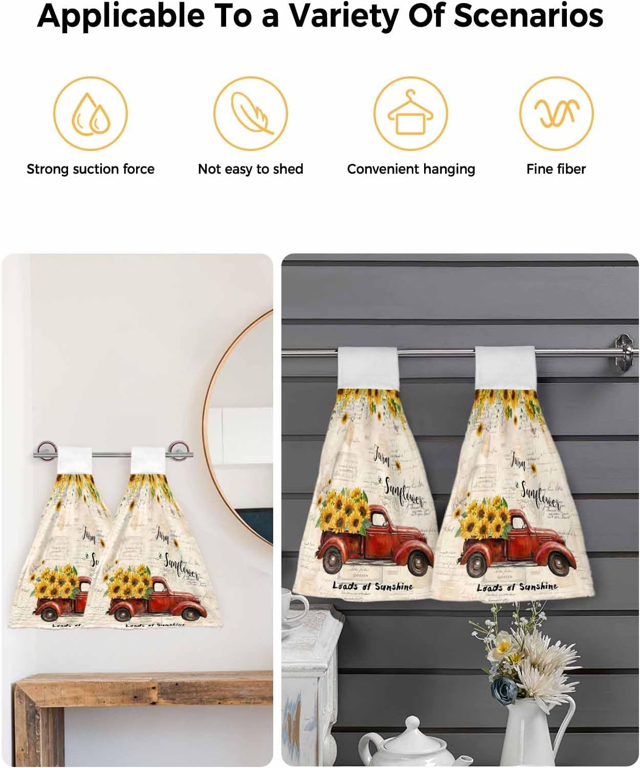Sunflower Truck Kitchen Hand Towels with Hanging Loops Set of 2 Yellow Floral Summer Botanical Elegant Pastoral Soft Thick Oven Fingertip Dry Microfiber Tie Dish Towel Absorbent Cleaning Washcloth