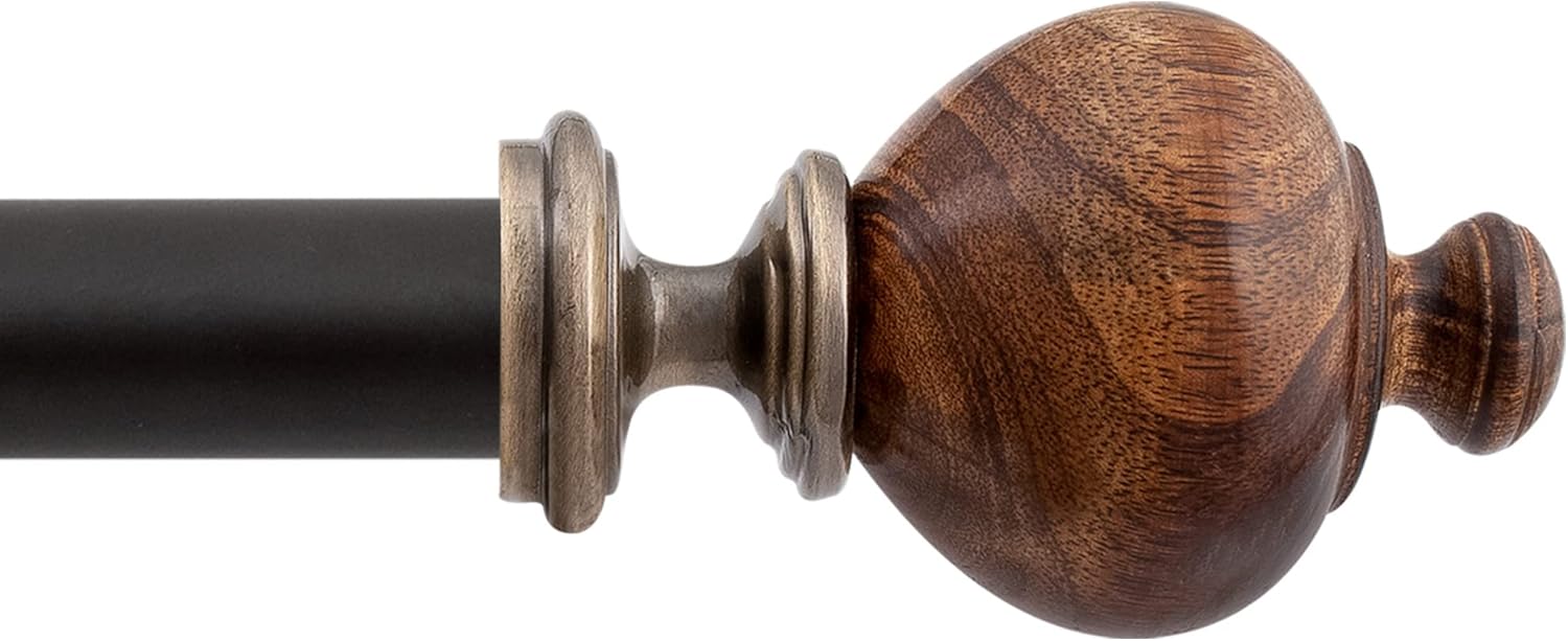 Brown Adjustable Curtain Rod with Natural Wood Finials, 36"-66"